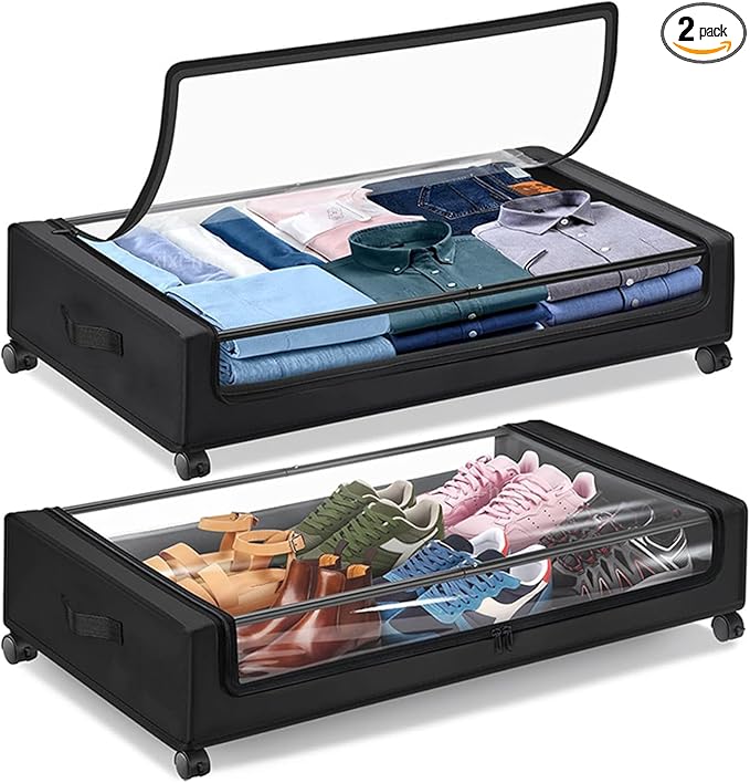Under Bed Storage with Wheels,2 Pack Rolling Under Bed Storage Bins with Clear Lids and Handles,Underbed Shoe Storage Organizer,UnderBed Storage Containers for Clothes (Rectangular,Black)