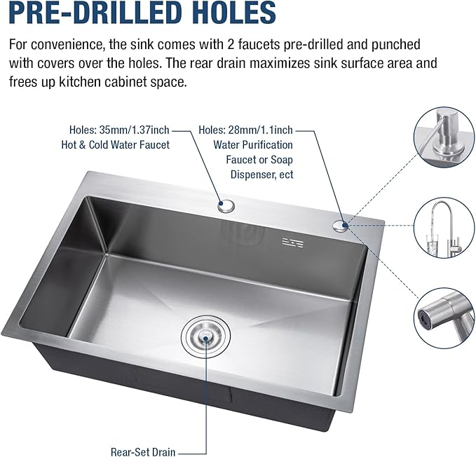 30-inch Single Bowl Workstation Kitchen Sink, Drop-in/Top-Mount Stainless Steel with Nano Coating & Basket Strainer, 30"x18"