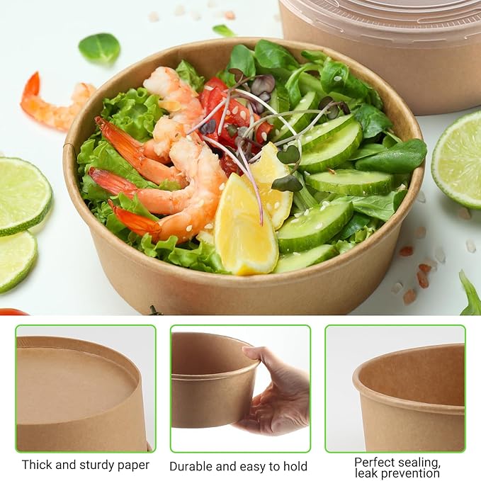 Belinlen 36oz 50 Sets Large Kraft Paper Bowls with Lids, Disposable Bowls with Lids, Paper Salad Bowls, Paper Food Container with Lid Perfect for Hot/Cold Food, Soup, Salad, Ice Cream