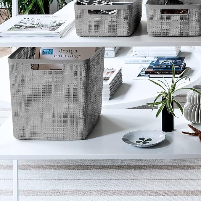 Curver Set of 4 Large Cube 17L Jute Decorative Plastic Organization and Storage Baskets - Perfect Bins for Home Office, Closet Shelves, Kitchen Pantry and All Bedroom Essentials, Grey