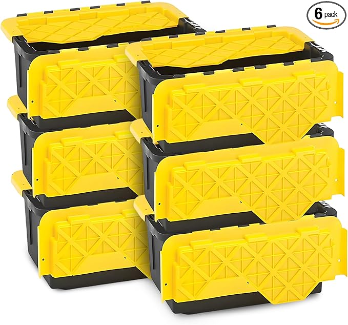 HOMZ 6-Pack Durabilt Tote, Heavy Duty Plastic Storage Bins with Lids, 15 Gallon, Black/Yellow - Stackable Organizing Containers for Home, Garage, and Office