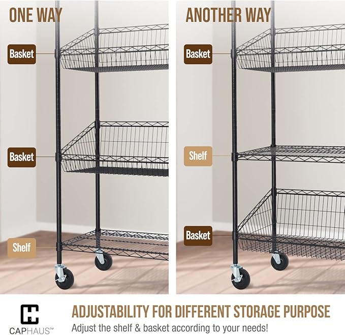 CAPHAUS NSF Commercial Heavy Duty 4 Tier Wire Shelving with Two Trapezoid Baskets, Wheels, Leveling Feet, Black Storage Shelf for Basement Garage and Utility Storage