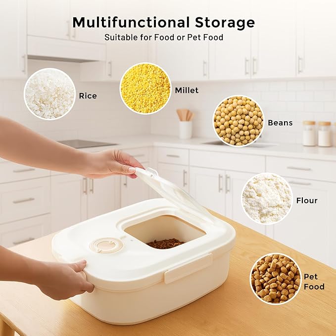 45-50lbs Dog Food Storage Container, Large Capacity Collapsible Airtight Pet Food Storage Containers with Rolling Wheels, Transparent Lid, Scoop and Date Track, Khaki