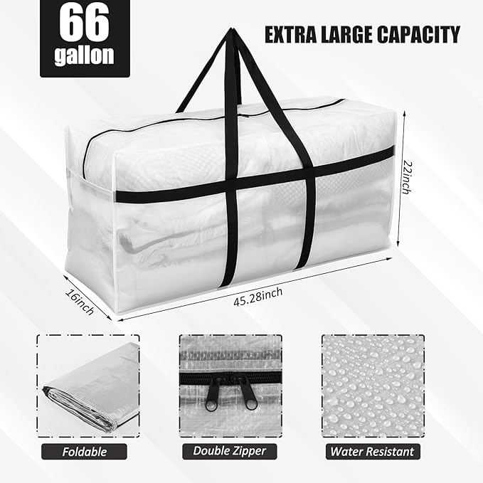 4 Pcs 66 Gallon Extra Large Moving Bags Heavy Duty Storage Bag with Strong Zipper Handle Foldable XXL Jumbo Storage Tote Packing Moving Box for College Dorm Travel Cloth Duffle (Clear)