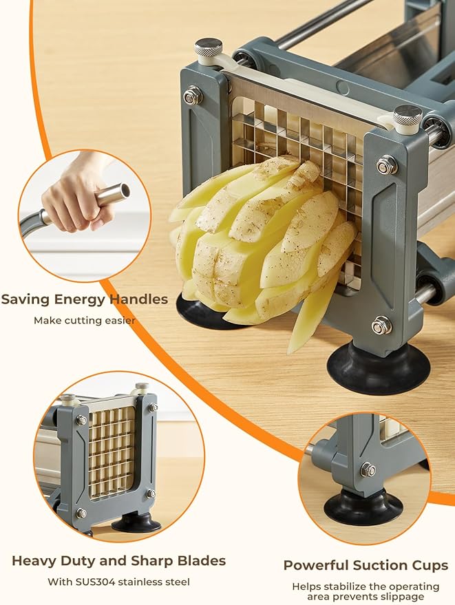 FOHRER French Fry Cutter, Professional Manual Potato Cutter for Fries with 1/2 Inch, 3/8 Inch and 1/4 Inch Heavy Duty Stainless Steel Blades, Easy to Use for Whole Potatoes, Carrots, Cucumbers