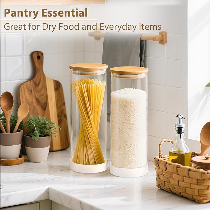 73oz Glass Spaghetti Containers for Pantry Organization, 3-Pack Large Airtight Food Jars with Bamboo Lids and Non-Slip Silicone Bases, Clear Storage Canisters for Pasta, Flour, Cereal, Rice