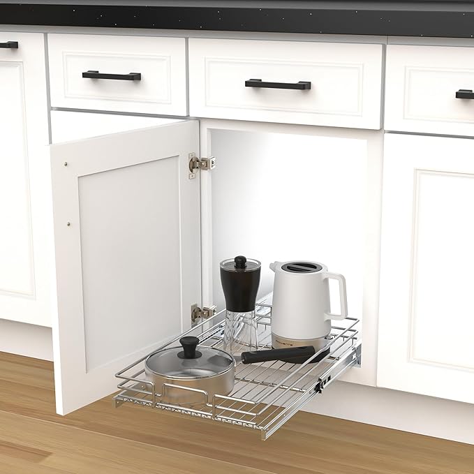 Pull Out Cabinet Organizer, Heavy-Duty Metal Sliding Drawer Shelf for Kitchen Cabinets, Chrome, Doesn't Include Door Fittings (20 * 21 IN)