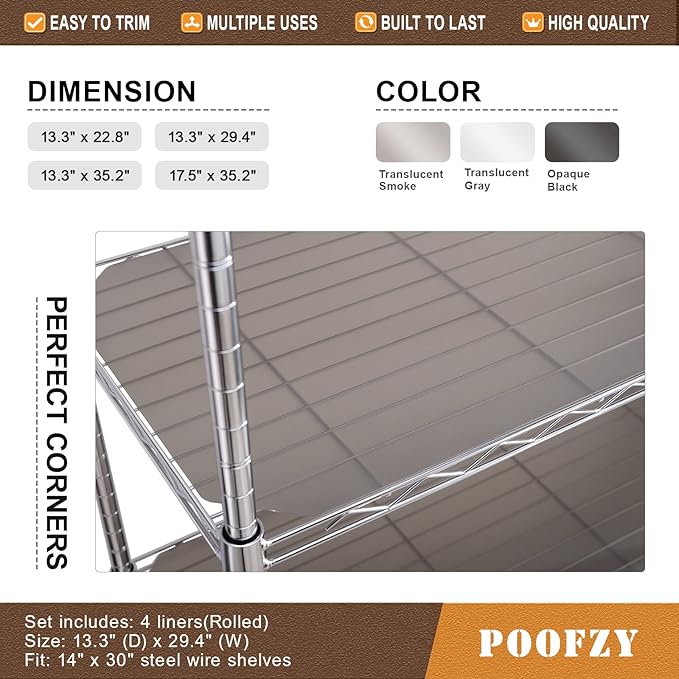 Poofzy Wire Shelf Liner 14" X 36", Non-Adhesive Plastic Shelf Liners for Wire Shelving, Waterproof Protector Mats (4PK, Gray)