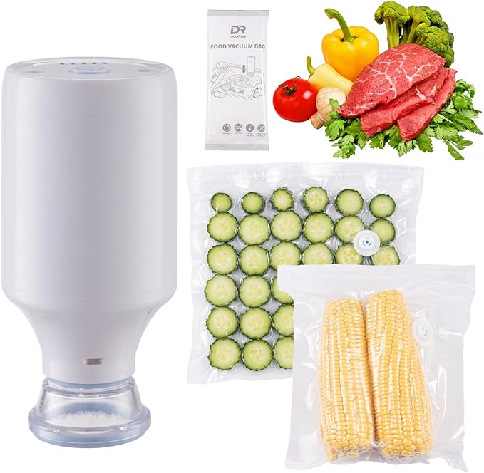 Compact Handheld Vacuum Sealer for Food with Visible Tank, Wireless Portable Vacuum Sealer Machine + 15 Reusable Bags, 8X Longer Freshness & Preservation, White