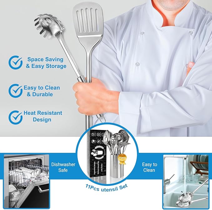 Cooking Utensils Set 11pcs - Stainless Steel Kitchen Utensils Set with Holder, Heat Resistant Kitchen Utensils Sets for Cooking with Turners, Potato Masher, Skimmer, Spoons, Ladle, Tongs, Whisk