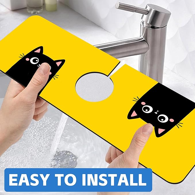 Cute Black Cat Head Kitchen Sink Splash Guard Mat Absorbent Fast Drying Mat Faucet Draining Mat Sink Splash Guard Behind Faucet Drip Catcher for Kitchen Bathroom 5.5"×15"