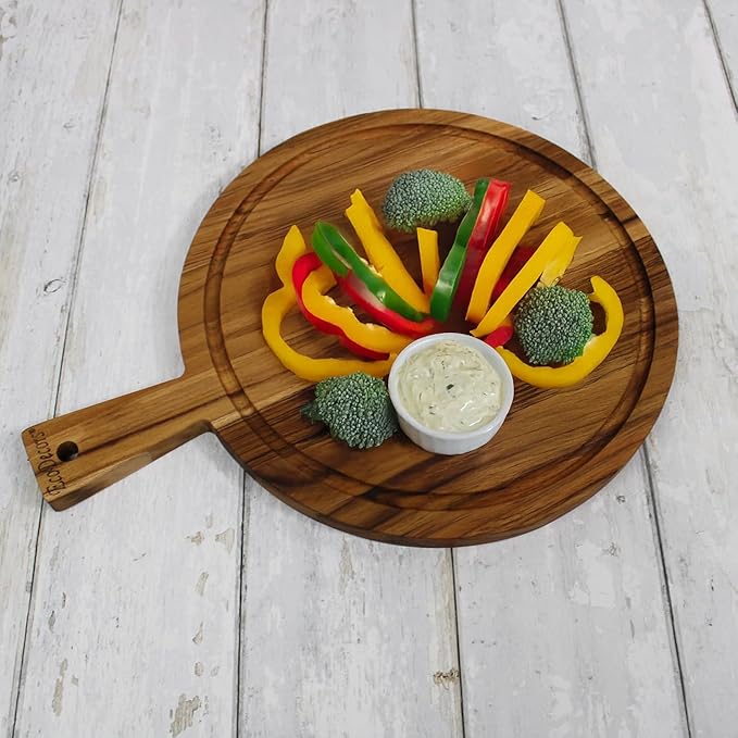 EcoDecors 16" Round Teak Cutting Board with Handle, FSC Certified Solid Wood, Edge Grain with Juice Groove, Carving Board for Meat & Kitchen Use