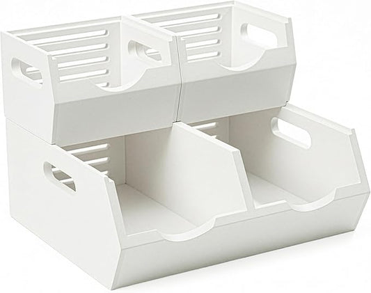HOMESTEAD Stackable Solid Wood Storage Bins for Kitchen Pantry & Countertop, Ventilated Potato and Onion Basket Organizer with Handles, Wooden Produce Storage Containers, 3-Pack, White