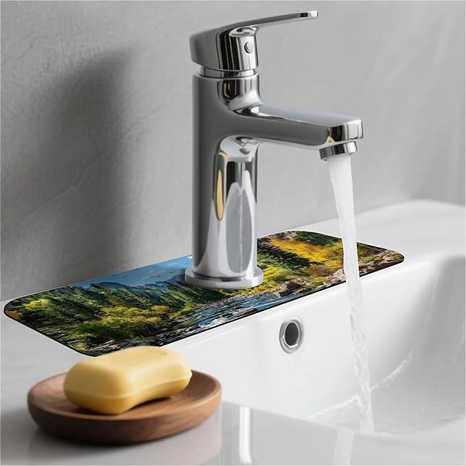 Kitchen Sink Splash Guard，Beautiful mountain stream Faucet Mat Sink Gadgets-Super Absorbent Fast Drying Mat Drip Catcher for Kitchen, Bathroom,Sink Mat, Dish Drying Mat, Bathroom(15" X 5.5" )