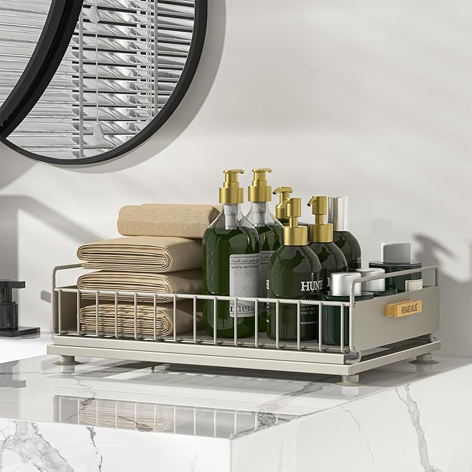 HOMEAILIE Under Sink Organizer, Single Tier Metal Pull Out Sliding Drawer Shelf for Kitchen Bathroom Cabinet Storage, Sturdy Rack – Gray