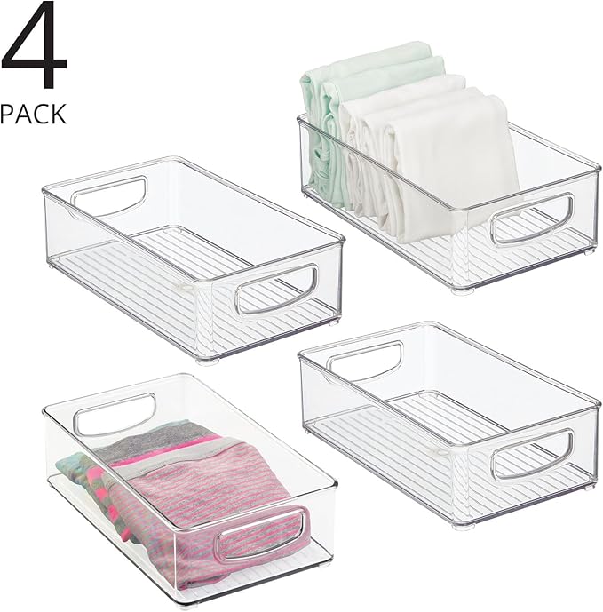mDesign Small Plastic Storage Organizer Container Bin, Closet Organization for Hallway, Bedroom, Linen, Coat, Entryway - Holds Clothing, Blankets, Accessories, Toys - Ligne Collection, 4 Pack, Clear