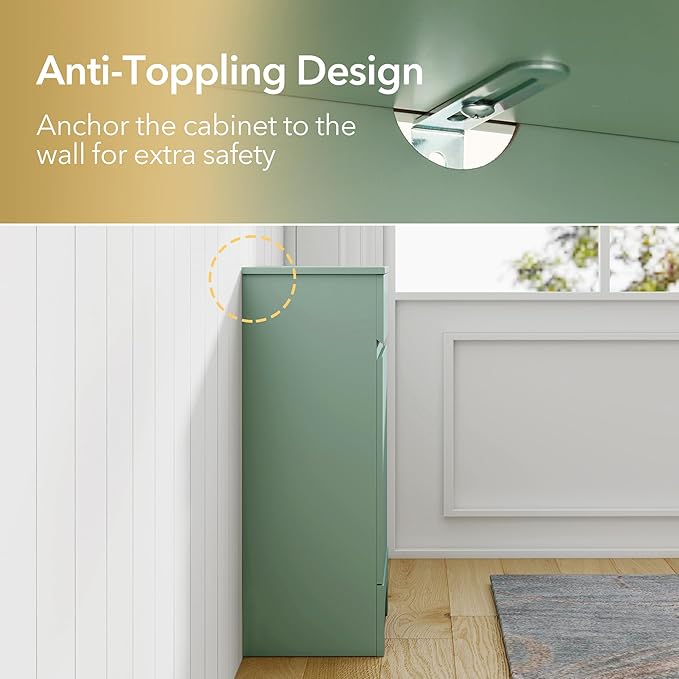 VANIRROR Small Bathroom Cabinet with Adjustable Shelves, Drawer, Anti-Tip Design, 14.96" L x 11.81" W x 32.09" H, Durable MDF for Bathroom, Kitchen, Laundry Storage, Soft-Close Door