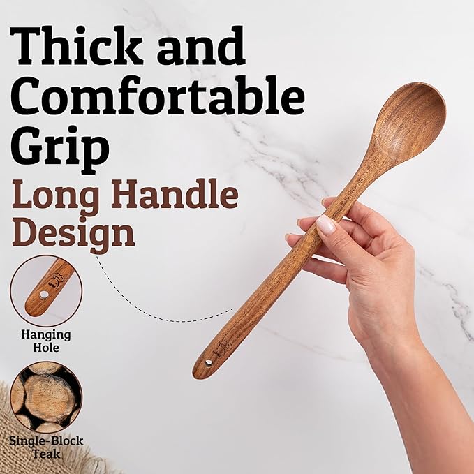 PriorityChef Long Wooden Spoon for Cooking, Durable Teak Large Cooking Spoon for Serving, Stirring & Daily Use – Safe for Nonstick & Cast Iron Cookware