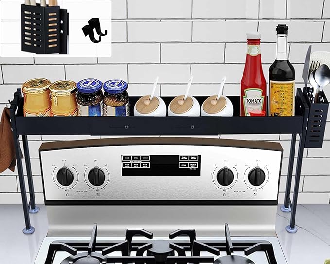 Over Stove Spice Shelf for Kitchen Spice Rack Organizer with Extra Black Basket and Hooks Great for Stove Top Shelf