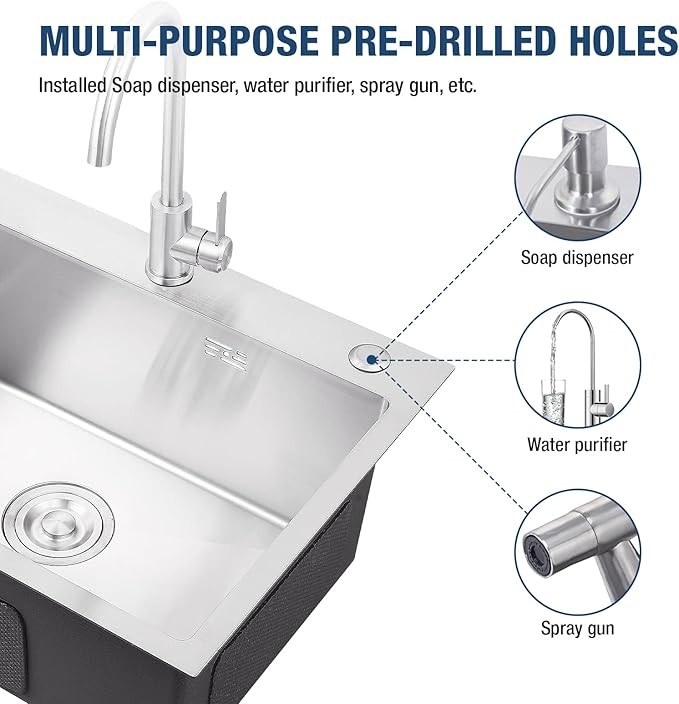 24-inch Single Bowl Kitchen Sink, Drop-in/Top-Mount Stainless Steel with Nano Coating, Includes Drain Kit & Fruit Basket, 24"x18"x8"