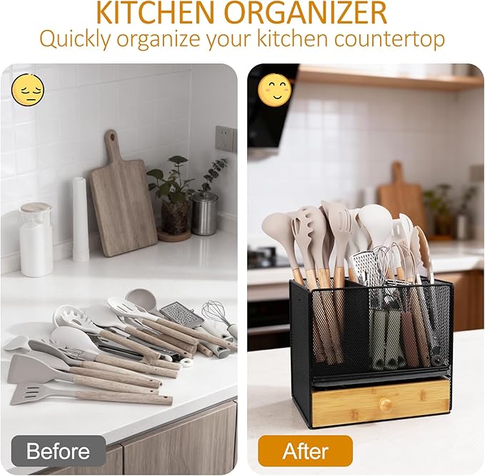 Kitchen Utensil Holder with Drawer, 2-In-1 Large Utensil Holder & Silverware Holder for Counter & Countertop, Kitchen Utensils Organizer for Cookware and Flatware, With Quick Dry Diatomite Pad