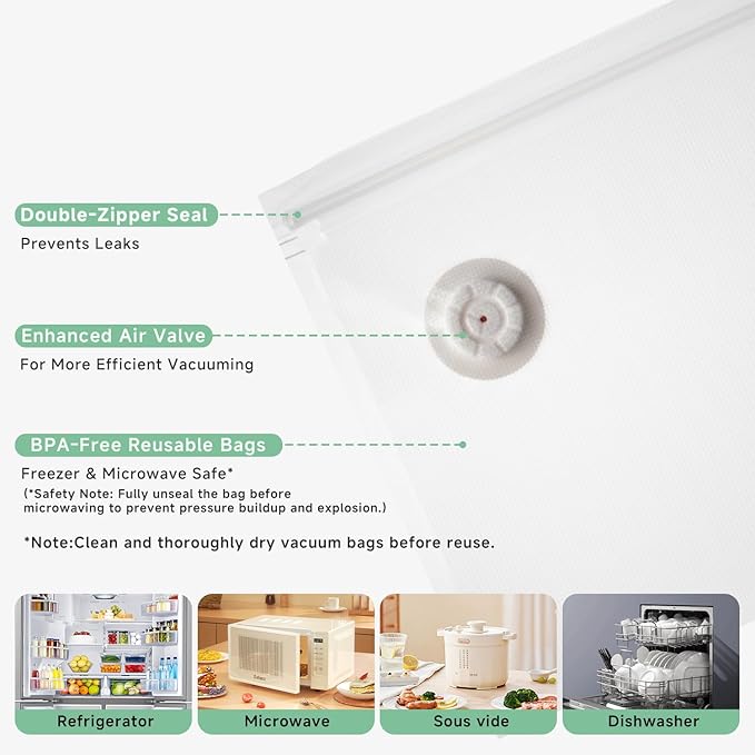 Compact Vacuum Sealer for Food (Vacuum Sealer Machine + 20 Reusable Vacuum Bags), Powerful Handheld Vacuum Sealer Machine, Seal Food 6X Fresh Longer, Portable & Wireless, Easy-Clean