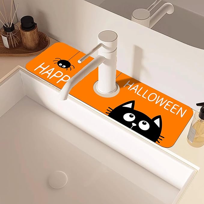 Halloween Cute Black Cat Kitchen Sink Splash Guard Mat Absorbent Fast Drying Mat Faucet Draining Mat Sink Splash Guard Behind Faucet Drip Catcher for Kitchen Bathroom 5.5"×15"