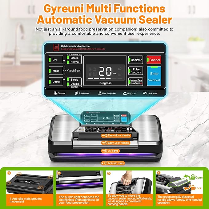 95Kpa Vacuum Sealer Machine for Food with Bags, 12-in-1 Food Saver Vacuum Sealer with Double Heat Seal, Built-in Cutter,Accessory Hose, Bag Storage,10 Bags, 1 Bag Roll & Marker Pen,App Control