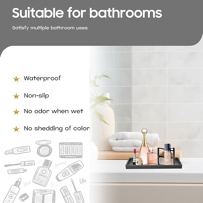 Mriluvy Vanity and Bathroom Tray, 7.7" ABS Countertop Organizer,Waterproof Vanity Tray for Toilet Tank,Perfume,Soap,Keys,Bathroom Accessories,Kitchen and Bath Trays,Non Slip Small Trays,Black