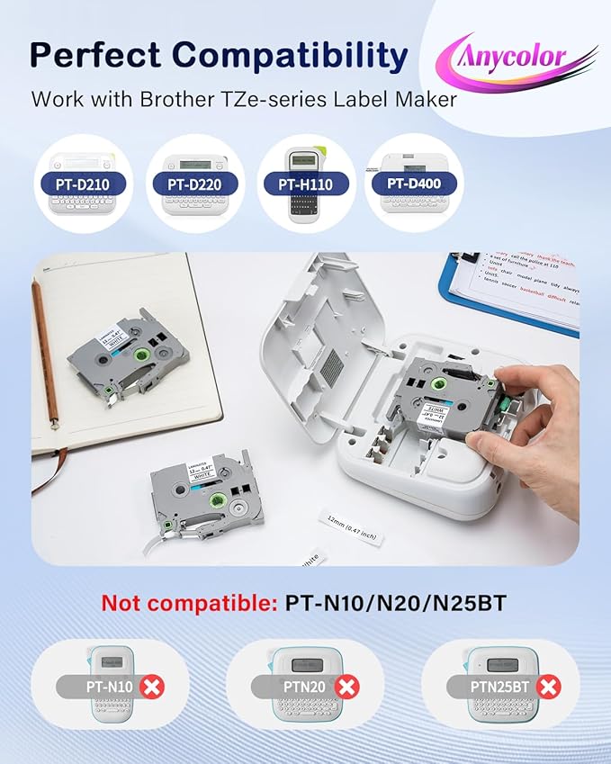 Anycolor TZ Tape 12mm 0.47 Laminated White Replace for Brother PTouch TZe-231 TZ231 Label Maker Tape 1/2" for Brother PT-D210 D220 H110 D410 D600 D610 1880 2040 Refills, Black on White, 5-Pack