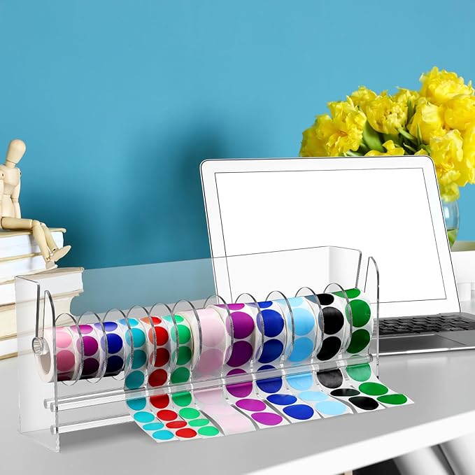 Qilery Adjustable Label Dispenser Acrylic Roll Sticker Dispenser Sticker Holder Organizer Label Stand for Holding Office and Home(12 Disks)