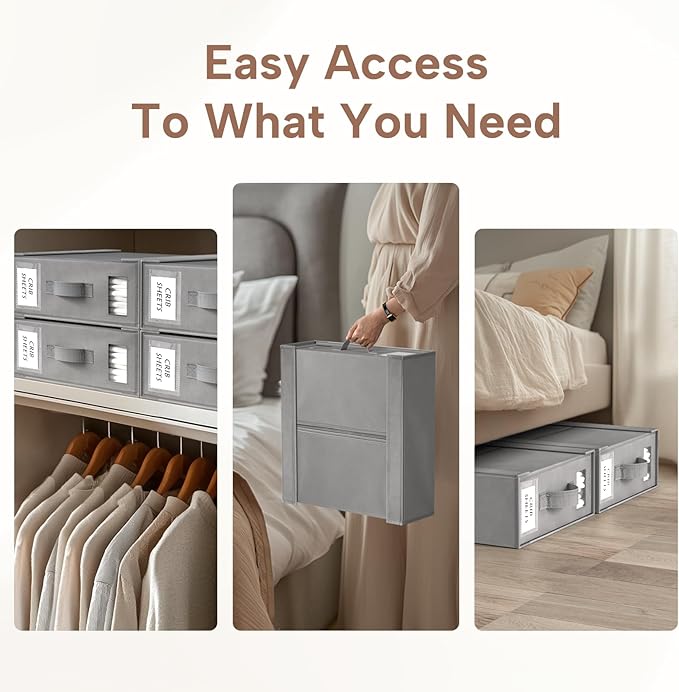 Criusia Bed Sheet Organizers and Storage, 4 Pack Foldable Linen Closet Organizers – Bedding Holder for Sheet Set (King/Queen Sizes), Duvet Covers, Blankets (Grey)