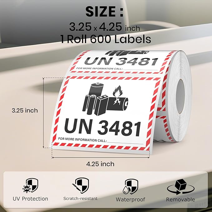 600 PCS UN 3481 Lithium lon Battery Labels 3.25 × 4.25 Inches Writable Waterproof Caution Warning Stickers Fragile Label for Transport Shipping