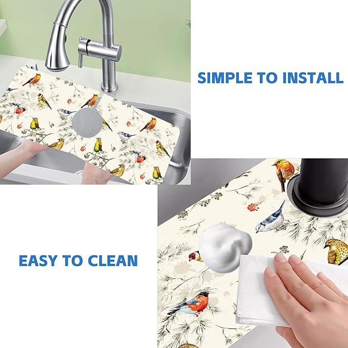 Vintage Watercolor Birds Dish Drying Mat for Kitchen Sink Splash Guard Behind Faucet Sink Mat Absorbent Fast Drying Faucet Draining Mat for Bathroom Kitchen 5.5"×15"