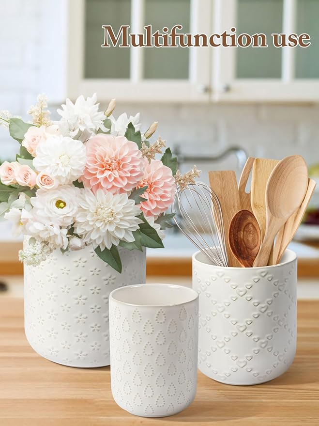Kitchen Utensil Holder for Countertop, Ceramic Utensil Holder for Kitchen Counter, Set of 3, Kitchen Decor, Utensil Organizer for Spatulas and Spoons, Flower Arrangement and Storage for Coffee (White)