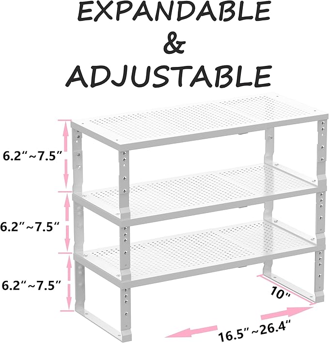 Asiingkel Metal Stackable Expandable Storage Shelf - Multi-Functional Home Storage Shelf, Suitable for Kitchen, Cabinet，Bathroom, Office, Garage, etc.（3PACKS/White/Large