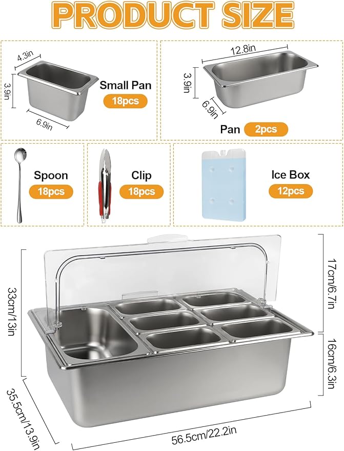 Lanstics 2PCS Pizza Topping Station 10 Pans Stainless Steel Spice Organizer Salad Bar Buffet Station with Spoons Ice Boxes Buffet Containers Set for Sauce Jam Ingredient Kitchen Restaurant Pantry