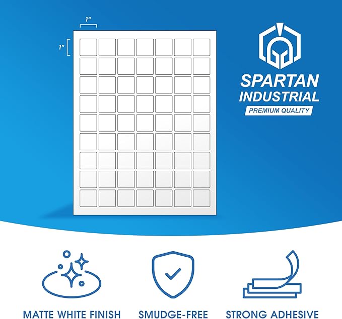 1" X 1" Square Printable Labels for Inkjet and Laser Printers - 100 Sheets, 6300 Matte White Custom Labels for Price Tags, QR Code Stickers, and Barcodes - Spartan Industrial Template S001