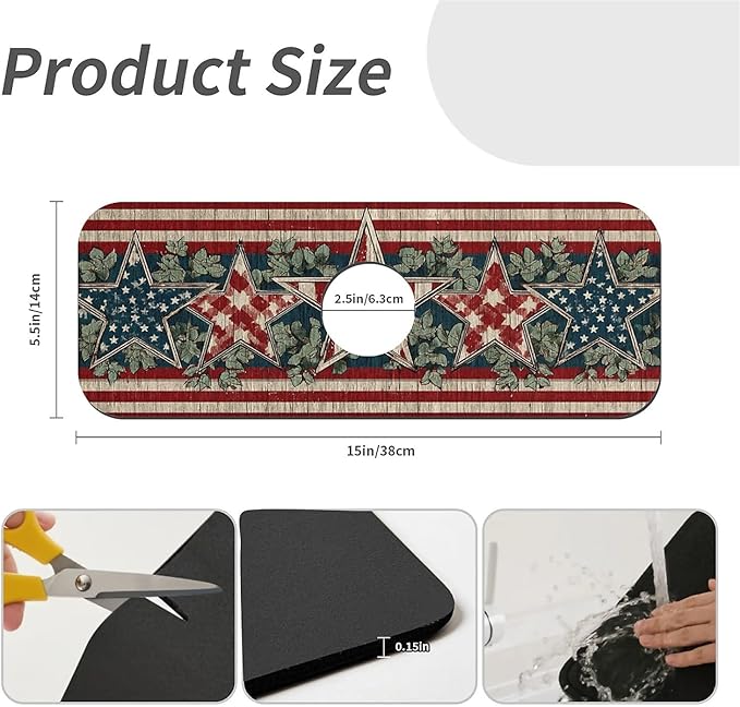 Kitchen Sink Splash Guard，Vintage American star Faucet Mat Sink Gadgets-Super Absorbent Fast Drying Mat Drip Catcher for Kitchen, Bathroom,Sink Mat, Dish Drying Mat, Bathroom(15" X 5.5" )