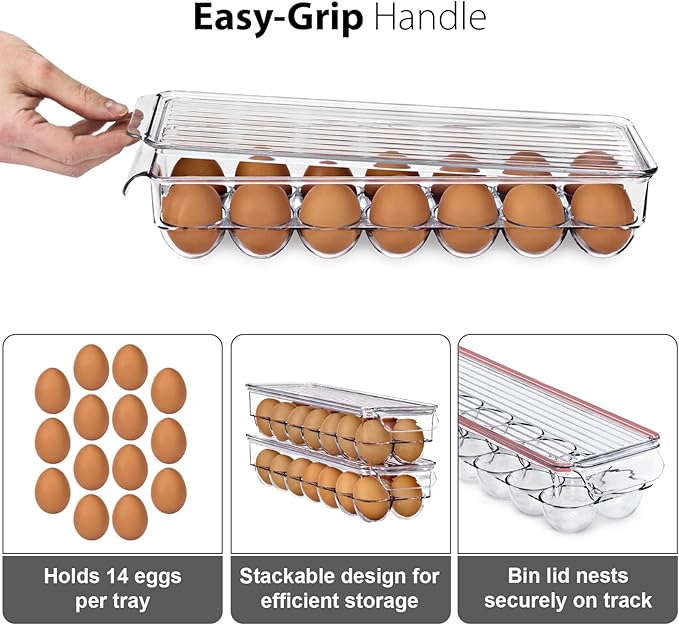 Sorbus Soda Can Organizer for Refrigerator & Egg Holder for Fridge Set, 2 Stackable Can Holder Dispenser Holds 12 Cans Each & 1 Egg Holders with Lid holds 14 eggs for Fridge, Pantry, Freezer, BPA-Free
