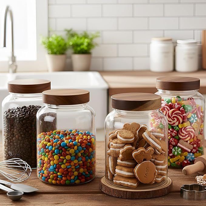 LemonRoad 4 Pcs 66 FL OZ (1950ml) Plastic Storage Jars with Airtight Wooden Lid Large Clear Food Storage Container Canister for Sugar, Tea, Spices, Coffee, Bean, Candy, Cookies, Kitchen