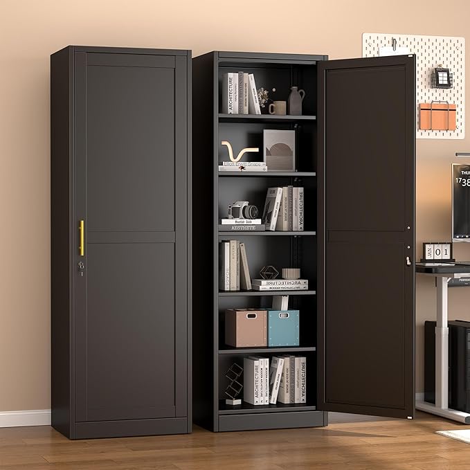 67" Metal Storage Cabinet with Lock, Tall Narrow Office File Cabinets with 5 Adjustable Shelves, Metal Steel Locker for Home, School, Office, Garage or Gym (Black)