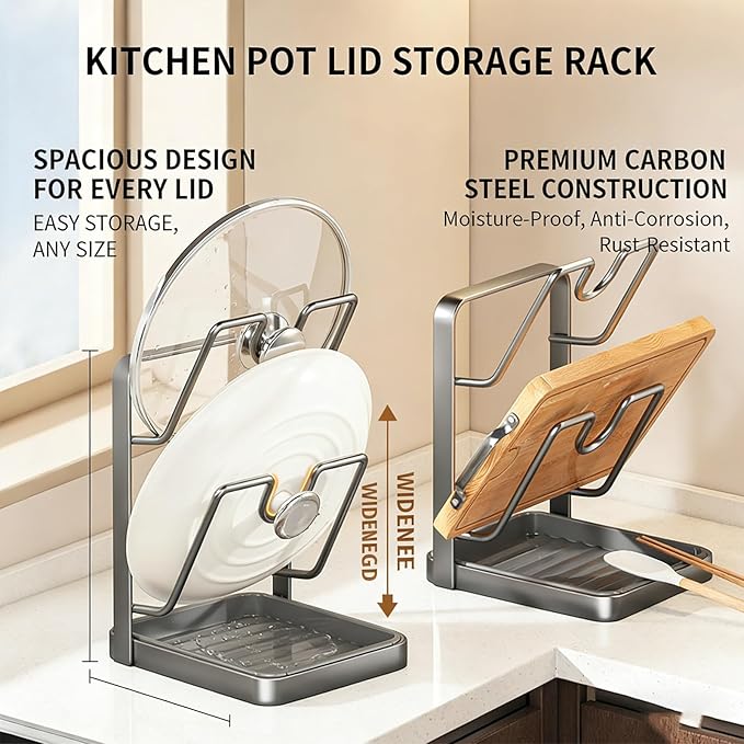 Kitchen Pot Lid Storage Rack, 2026 Upgrade Multifunctional Pot Lid Organizer Rack, Lid Holder While Cooking Lid And Spoon Rest Thickened Carbon Steel Material (Black Single-layer)