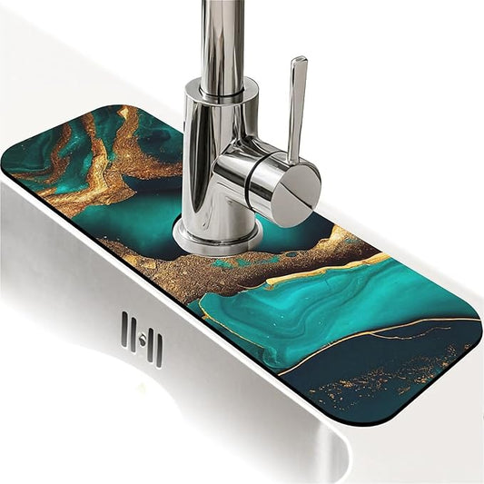 Kitchen Sink Splash Guard，Cyan and gold marble Faucet Mat Sink Gadgets-Super Absorbent Fast Drying Mat Drip Catcher for Kitchen, Bathroom,Sink Mat, Dish Drying Mat, Bathroom(15" X 5.5" )