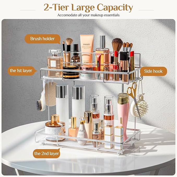 Megier 2 Tier Chrome Bathroom Organizer Countertop, Small Countertop Organizer for Bathroom Decor, Kitchen Counter Shelf for Spice Rack and Snack, Vanity Makeup Organizers Tray for Bedroom (Chrome)