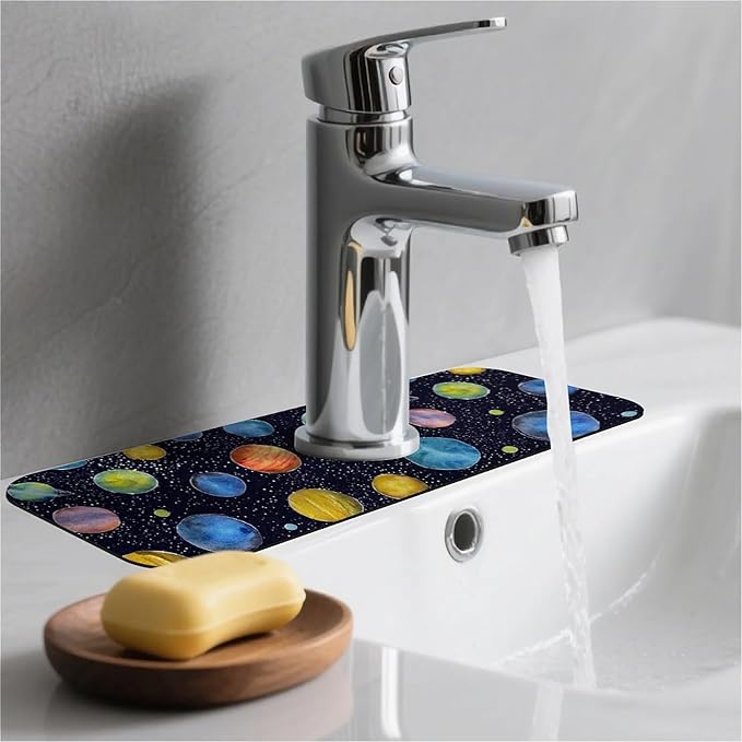 Kitchen Sink Splash Guard，Colorful planets Faucet Mat Sink Gadgets-Super Absorbent Fast Drying Mat Drip Catcher for Kitchen, Bathroom,Sink Mat, Dish Drying Mat, Bathroom(15" X 5.5" )