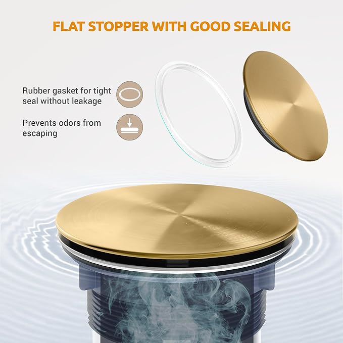 BOTEMY 3-1/2'' Kitchen Sink Drain Assembly Kit,Brass-Finish Sink Drain Strainer with Removable Deep Sink Strainer Basket and Sink Stopper Flat Cover Replacement for Standard Kitchen Sinks