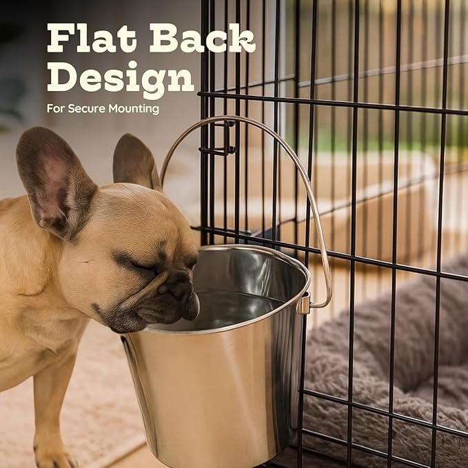 4 quart Stainless Steel Flat Side Bucket | 1 gal Durable Heavy Duty Food & Water Feeding Pails for Birds Dogs Cats Goat | Fits kennels Cages Critter Crates Hanging Pet Pail | Multipurpose