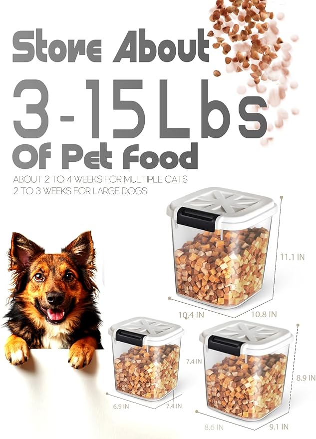 LivLab Mker Airtight Dog Food Storage Container 20 lbs, Pet Food Storage Bin with Lid 4 lbs & 6 lbs & 10 lbs, 3 Pack, Cat Treat Container, Stackable, 3 Measuring Cup, Save Space,White