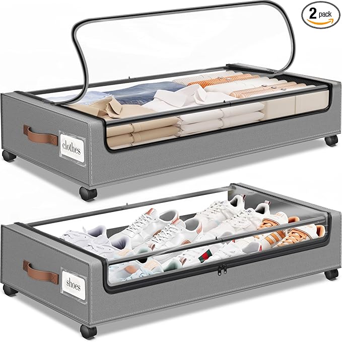 Under Bed Storage with Wheels 2Pack Underbed Storage with Clear Window&Label Under Bed Drawers Large Capacity Rolling Under Bed Storage for Clothes,Shoes, Blankets (Light Grey)